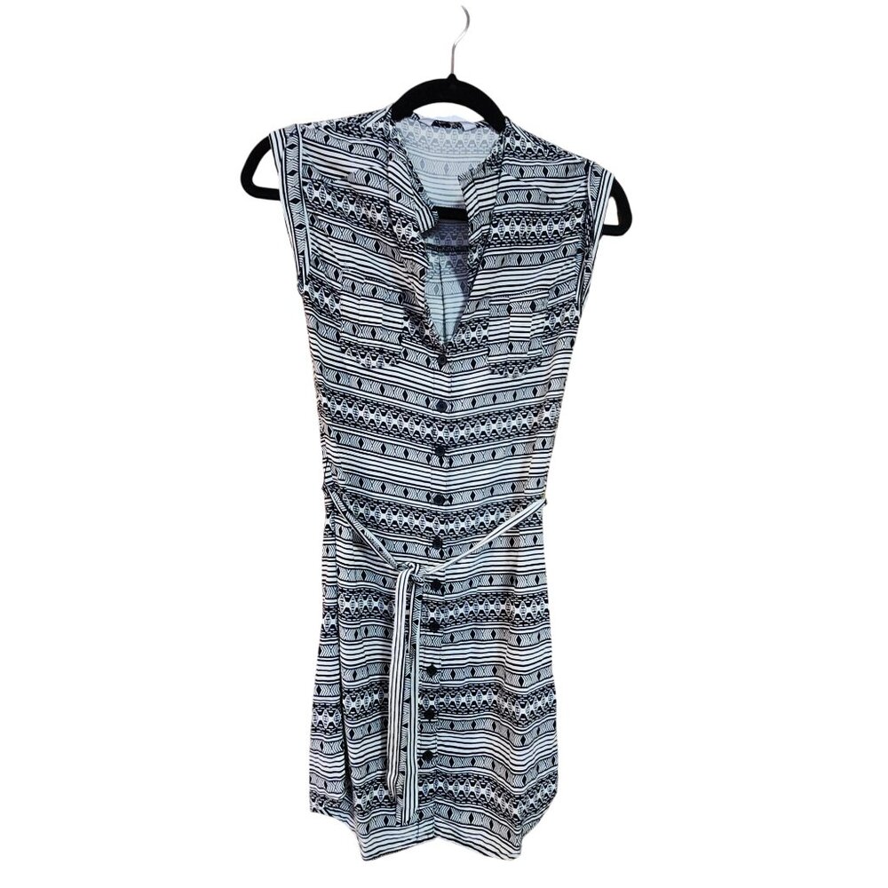 Black & White Tribal Print Sleeveless Dress With Belt By Jack XS